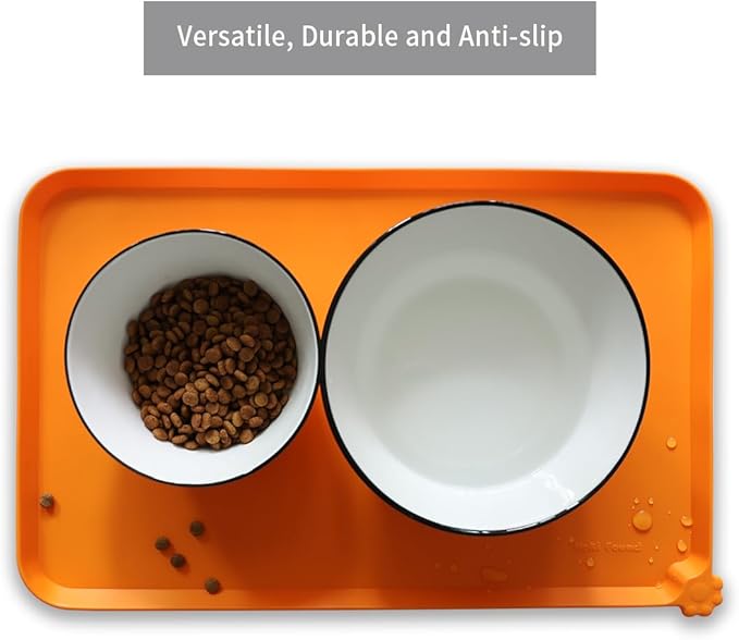 Hoki Found Silicone Pet Food Mats Tray - Non Slip Pet Dog Cat Bowl Mats Placemat - Dog Pet Cat Feeding Mat - Waterproof Dog Cat Food Mats -Pet Water Mats for Carpet -Orange - PAWPICO