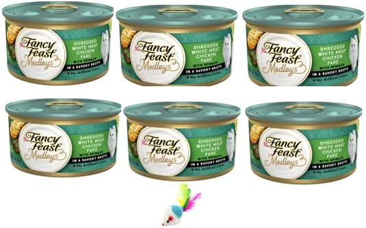 6 Cans of Fncy Fest Medleys Shredded White Meat Chicken Fare Canned Cat Food, 3-oz, ea with a Cat Toy - PAWPICO