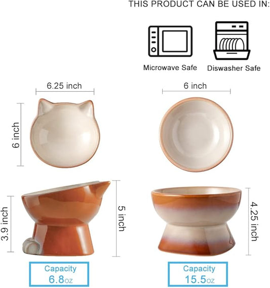 Nihow Elevated Cat/Dog Bowls Set : 6.2 Inch Ceramic Raised Cat Food & Water Bowl Set for Protecting Pet's Spine - Feeding & Watering Supplies for Cat/Small Size Dog - Elegant Brown (2PC) - PAWPICO