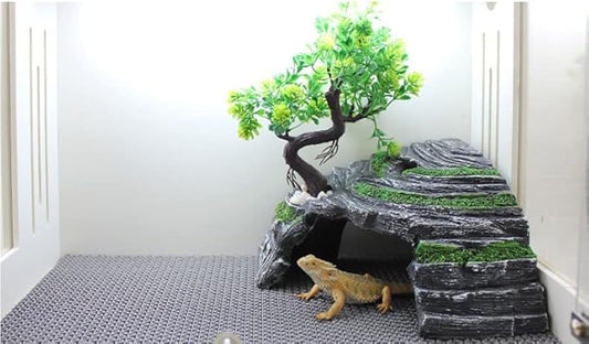 Reptile Simulation Rock Hide-Resin Amphibian Hideouts Cave Size 3.94'' x 1.77'' with Plastic Tree 7.87'',Habitat for Bearded Dragon Turtles Lizards Snakes Crab Gecko Leopard Spider Fish Zhildmosin