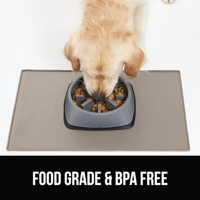 Gorilla Grip 100% Waterproof Raised Edge BPA Free Silicone Pet Feeding Mat, Dog Cat Food Mats Contain Spills Protects Floors, Placemats for Cats and Dogs Water Bowl, Pets Accessories 18.5x11.5 Beige - PAWPICO