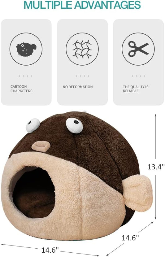 Cat Beds for Indoor Cats - Cat Bed Cave with Removable Washable Cushioned Pillow, Soft Plush Premium Cotton No Deformation Pet Bed, Lively Pufferfish Cat House Design, Brown, Multiple Sizes(M) - PAWPICO