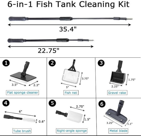 AQUANEAT Fish Tank Cleaning Tools, 6 in 1 Aquarium Cleaning Tools, Including Algae Scraper, Sponge Pad, Fish Net, Gravel Rake and Cleaning Brush Aquaneat