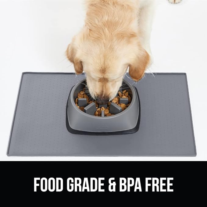 Gorilla Grip 100% Waterproof Raised Edge BPA Free Silicone Pet Feeding Mat, Dog Cat Food Mats Contain Spills Protects Floors, Placemats for Cats and Dogs Water Bowl, Pets Accessories 23x15 Gray - PAWPICO