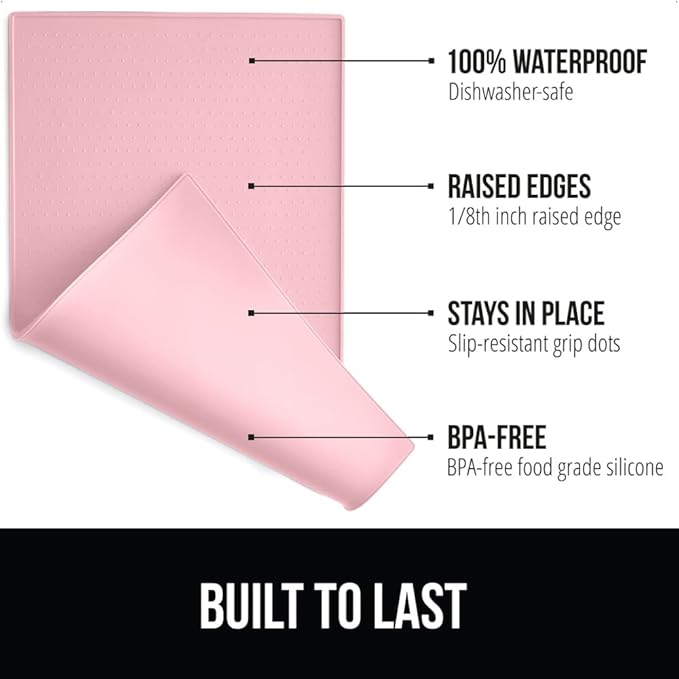 Gorilla Grip 100% Waterproof Raised Edge BPA Free Silicone Pet Feeding Mat, Dog Cat Food Mats Contain Spills Protects Floors, Placemats for Cats and Dogs Water Bowl, Pets Accessories 23x15 Pink - PAWPICO