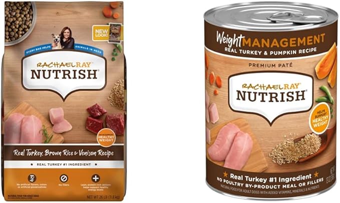 Nutrish Rachael Ray Turkey, Brown Rice & Venison 26 Pounds Dry Dog Food + Weight Management Turkey & Pumpkin 13 Ounce (Pack of 12) Wet Dog Food Bundle - PAWPICO
