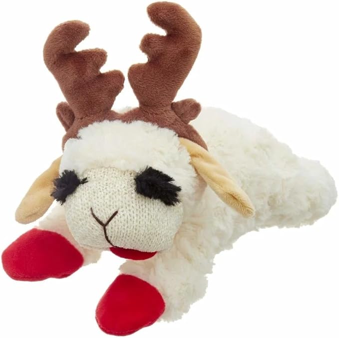 Multipet Holiday Lamb Chop with Reindeer Antlers Plush Dog Toy (10.5" Laying Lamb),All Breed Sizes - PAWPICO