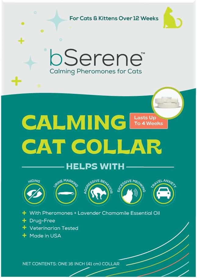 Pheromone Calming Collar for Cats Up to 30 Days Stress Relief Promotes Calmness, Reduces Hiding, Excessive Meowing, Urine Marking, Aggression, Travel Stress Drug-Free, Vet-Tested bSereneCalmingforCatsandDogs
