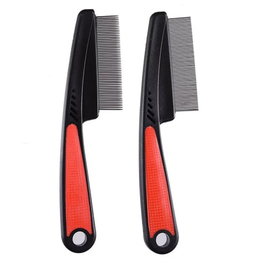 2 Pieces Fine Tooth and Wide Tooth Dog Grooming Comb - Rubber Handle Hair Comb for Small Dogs & Cats with Flea and Tick Removal (2PCS, Black Red) iluadme