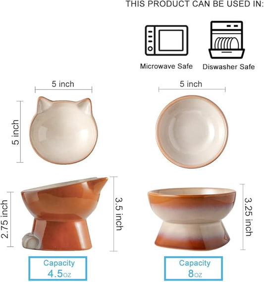 Nihow Elevated Cat/Dog Bowls Set : 5 Inch Ceramic Raised Cat Food & Water Bowl Set for Protecting Pet's Spine - Feeding & Watering Supplies for Pets - Elegant Brown (2 PC) - PAWPICO
