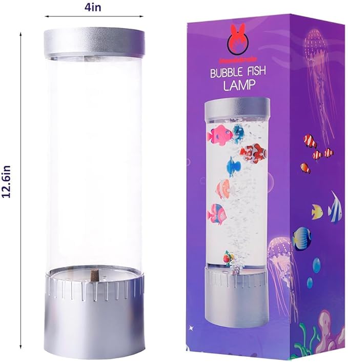 Bubble Fish Lamp with 6 Floating Fake Fish – LED Aquarium Night Light with Moving Fish and Bubbles – Cylindrical Transparent Tank, Perfect for Kids’ Rooms, Offices, and Living Spaces Handsbrain