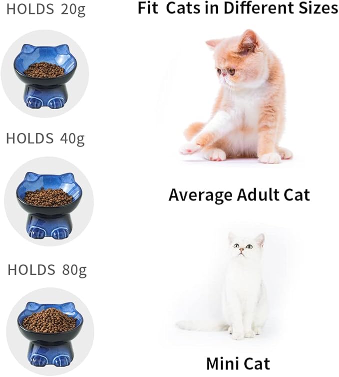 Nihow Slanted Elevated Cat Bowls: 5 Inch Ceramic Raised Cat Food Bowl for Protecting Pet's Spine - Microwave & Dishwasher Safe -Elegant Blue & Black (4.5 OZ /1 PC) - PAWPICO