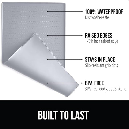 Gorilla Grip 100% Waterproof Raised Edge BPA Free Silicone Pet Feeding Mat, Dog Cat Food Mats Contain Spills Protects Floors, Placemats for Cats, Dogs Water Bowl, Pets Accessories 28x18 Light Gray - PAWPICO