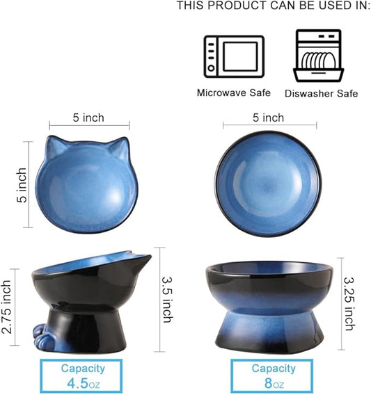 Nihow Elevated Cat/Dog Bowls Set : 5 Inch Ceramic Raised Cat Food and Water Bowl Set for Protecting Pet's Spine - Feeding & Watering Supplies for Pets- Elegant Blue & Black (2PC) - PAWPICO
