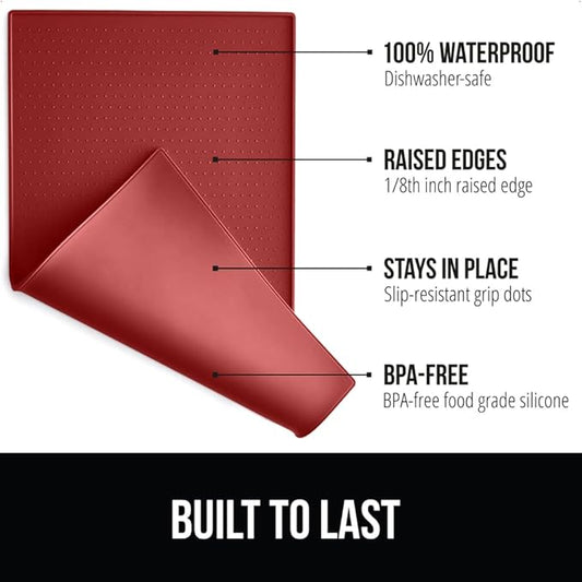 Gorilla Grip 100% Waterproof Raised Edge BPA Free Silicone Pet Feeding Mat, Dog Cat Food Mats Contain Spills Protects Floors, Placemats for Cats and Dogs Water Bowl, Pets Accessories 23x15 Red - PAWPICO