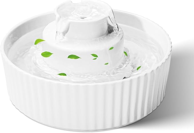 Ceramic Cat Water Fountain, 2.1L/70oz Ceramic Pet Water Fountain Automatic Cat Drinking Fountains Pet Water Bowl, Porcelain Cat Water Dispenser with Ultra-Quiet Pump for Cats and Dogs (White) - PAWPICO