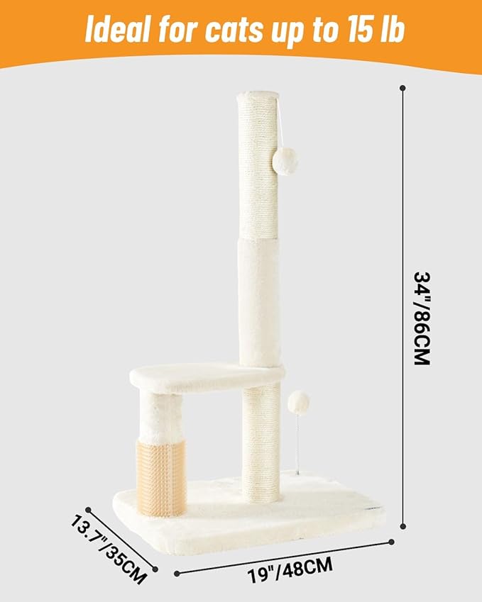 Happi N Pets 34“ Tall Cat Scratching Post for Big Cats, Natural Sisal Cat Scratchers for Indoor Cats, Heavy Duty Cat Stands Featuring with Cat Self Groomer and Hanging Toys, Free Catnip-Beige - PAWPICO