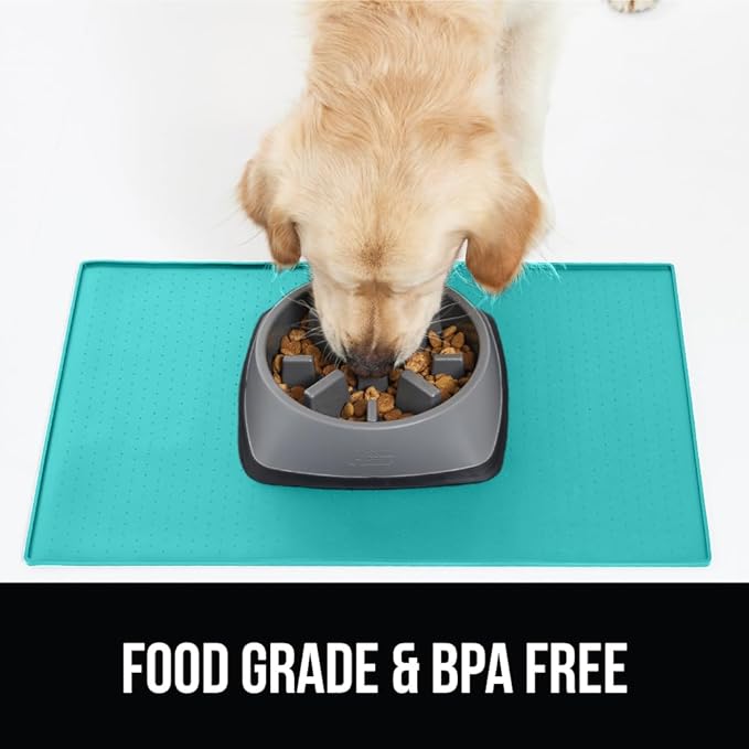 Gorilla Grip 100% Waterproof Raised Edge BPA Free Silicone Pet Feeding Mat, Dog Cat Food Mats Contain Spills Protects Floors Placemats for Cats and Dogs Water Bowl Pets Accessories 18.5x11.5 Turquoise - PAWPICO
