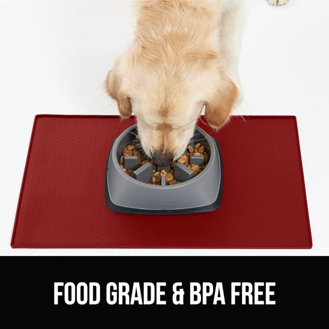 Gorilla Grip 100% Waterproof Raised Edge BPA Free Silicone Pet Feeding Mat, Dog Cat Food Mats Contain Spills Protects Floors, Placemats for Cats and Dogs Water Bowl, Pets Accessories 23x15 Red - PAWPICO