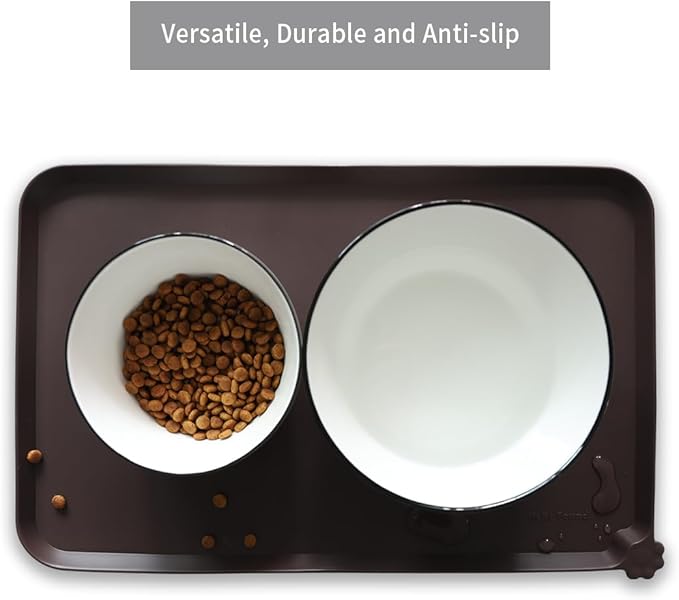 Hoki Found Silicone Pet Food Mats Tray - High-Lips Pet Dog Cat Bowl Mats - Dog Pet Cat Feeding Mat - Waterproof Dog Cat Food Mats -Pet Water Mats for Floors - Dark Oak - PAWPICO