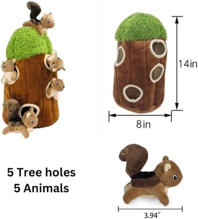 Squirrel in Tree Hide and Seek Dog Toy for Small and Medium Size Dogs, Plush Squirrel Inside Trunk Dog Toy with Squeaker, Interactive Burrow Dog Toy (Tree with Squirrels, Large) - PAWPICO