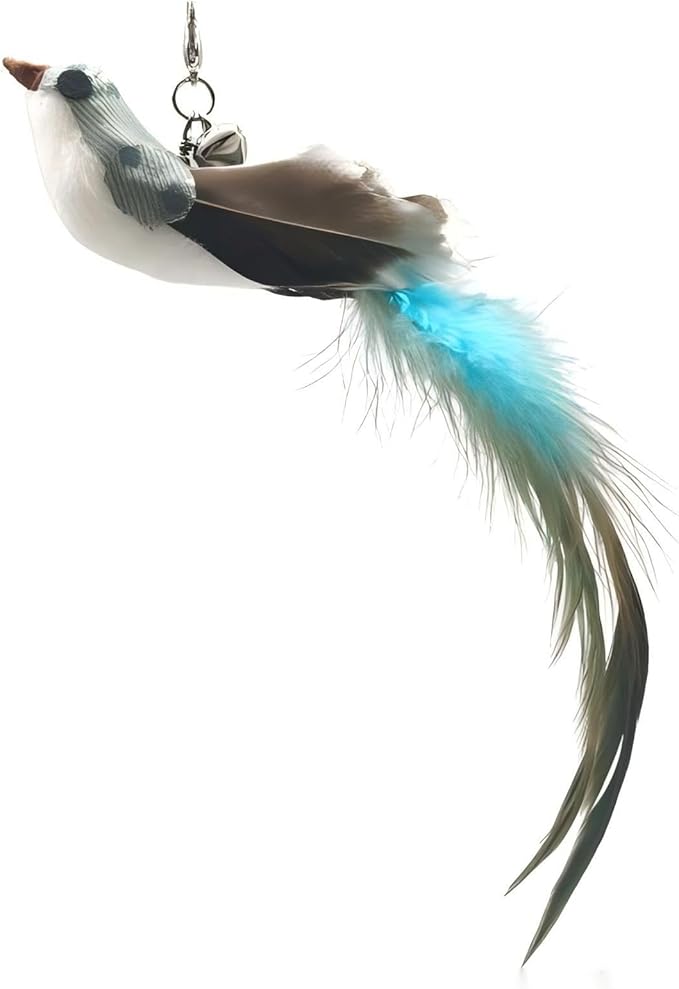Deluxe Bird Replacement Heads for Cat Toys - Set of 5 - Realistic Feather Designs Including Blue Floral, Two-Tone, Traditional, Black & White, Green Hummingbird - Easy Clip-On - PAWPICO