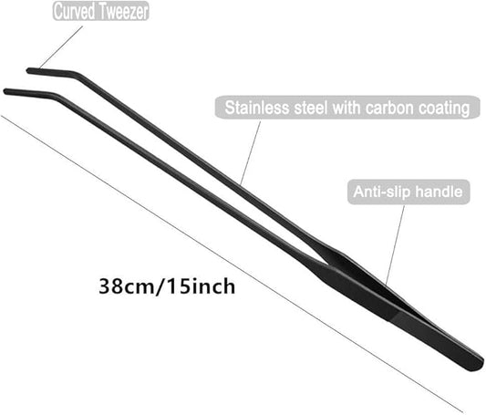 15 inch Black Curved Aquarium Tweezers Stainless Steel Curved Tweezer with Carbonation Protection Coating Against Rust Long Reptiles Feeding Tongs for Aquatic Plants Lizards Spider Snakes EvaGO