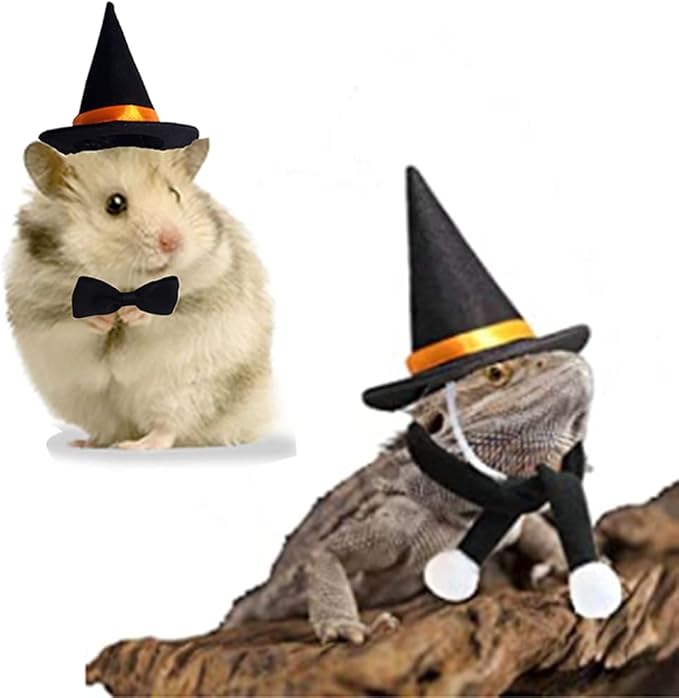 4 PCS Small Pet Halloween Costume Guinea Pig Wizard Hat with Scarf and Bow tie Sets Lizard Witch Head Accessories Hamster Cap for Hedgehog Chinchilla Ferret and Similar Breeds (Small) Anelekor