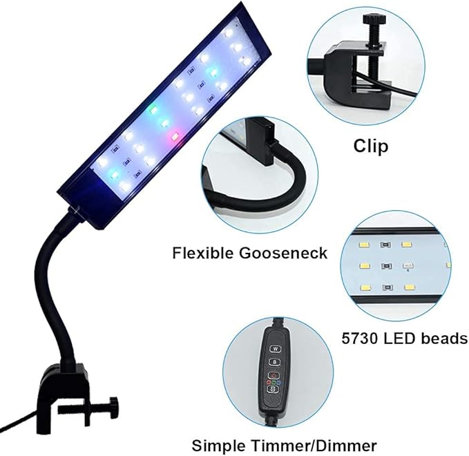 Fish Tank Clip on Light, VARMHUS RGB Clamp Aquarium Light Fish and Plant Aquarium Lighting with Timer Dimmer for Sunrise and Sunset (7W) VARMHUS