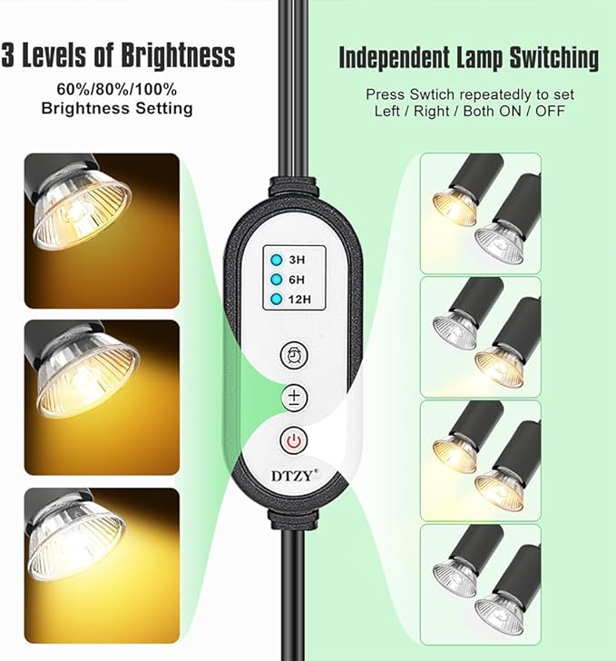 Reptile Heat Lamp, Dual-Head UVA/B Reptile Light with 3/6/12H Cycle Timer, Basking Light for Reptile Turtle Bearded Dragon Lizards Snake, E26/27 Base with 4 Bulbs (2PCS 50W and 2PCS 75W) DTZYServiceforYourLife