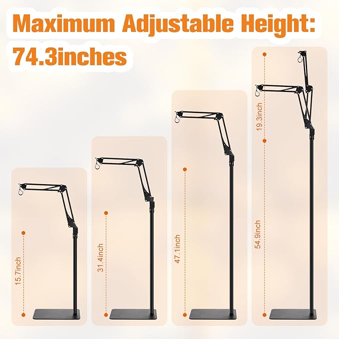 Dual Reptile Lamp Stand Reptile Light Stand with Two Flexible Brackets,Height Adjustable (15.7inch to 74.3inch) Reptile Heat Lamp Stand for Hanging Heat Lamp Holder and Light Fixture DXOPHIEX