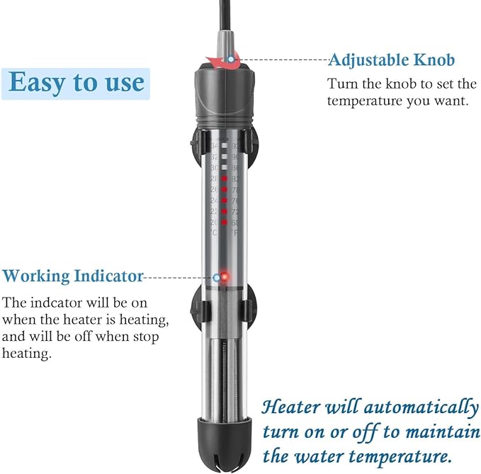HITOP 25W 50W 100W 200W 300W Adjustable Aquarium Heater, Submersible Fish Tank Heater Thermostat with Suction Cup (50W) HITOP-FocusonAquarium