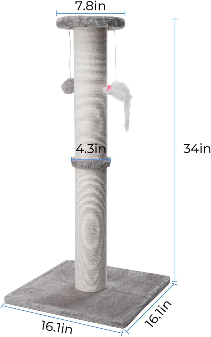 34 Inch Tall Cat Scratching Post for Multi Cat - Cat Scratching Post for Indoor Cats and Kitten with Velvet Large Diameter Scratching Post Top & 2 Hanging Ball Toy - PAWPICO