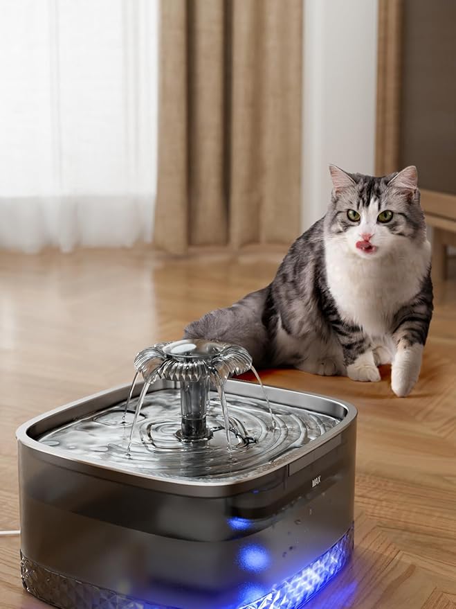 Cat Water Fountain: 75oz/2.2L Automatic Pet Water Dispenser for Cats, 304 Stainless Steel Water Tray, Cat Water Bowl Dispenser, Super Silent Pet Water Fountain for Cats Inside, Pump with LED Light - PAWPICO
