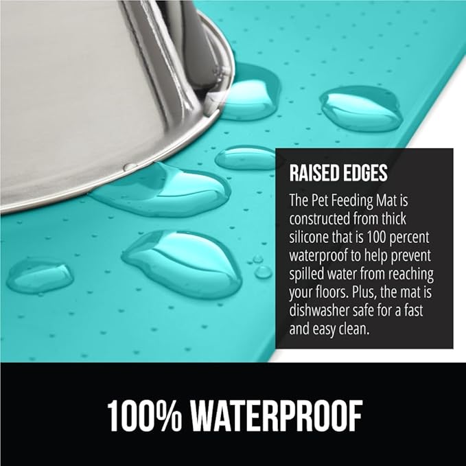 Gorilla Grip 100% Waterproof Raised Edge BPA Free Silicone Pet Feeding Mat, Dog Cat Food Mats Contain Spills Protects Floors Placemats for Cats and Dogs Water Bowl Pets Accessories 18.5x11.5 Turquoise - PAWPICO