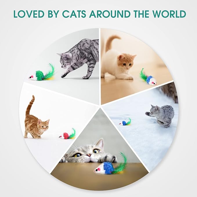 FYNIGO Cat Mouse Toys,17 PCS Cat Toy Mice Rattle Set,Interactive Cat Toy for Indoor Cats and Kittens,Assorted Color Catnip Toys with Feather Tail - PAWPICO