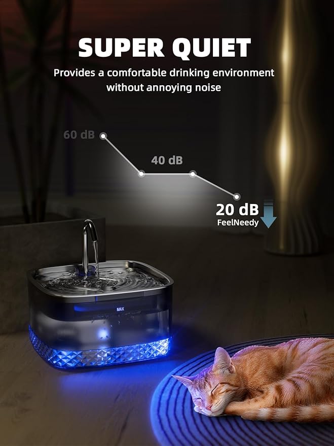 Cat Water Fountain: 75oz/2.2L Automatic Pet Water Dispenser for Cats, 304 Stainless Steel Faucet & Lid Cat Water Bowl Dispenser, Super Silent Pet Water Fountain for Cats Inside, Pump with LED Light - PAWPICO