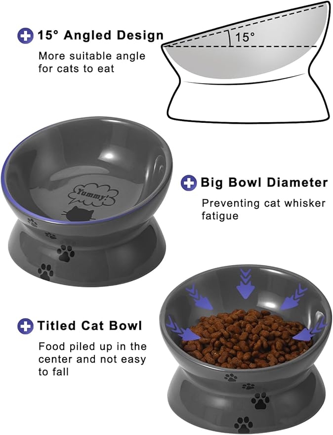 Y YHY Raised Cat Food Bowl, Ceramic Elevated Cat Bowl, Title Angle Protect Cat's Spine, Anti Vomiting Cat Dish, Backflow Prevention, Grey - PAWPICO