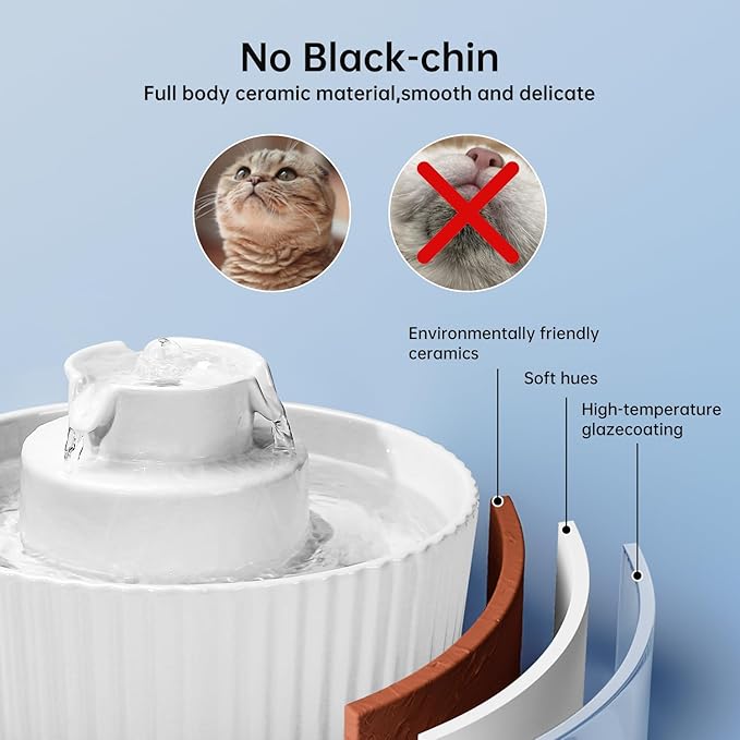 Ceramic Cat Water Fountain, 2.1L/70oz Ceramic Pet Water Fountain Automatic Cat Drinking Fountains Pet Water Bowl, Porcelain Cat Water Dispenser with Ultra-Quiet Pump for Cats and Dogs (White) - PAWPICO