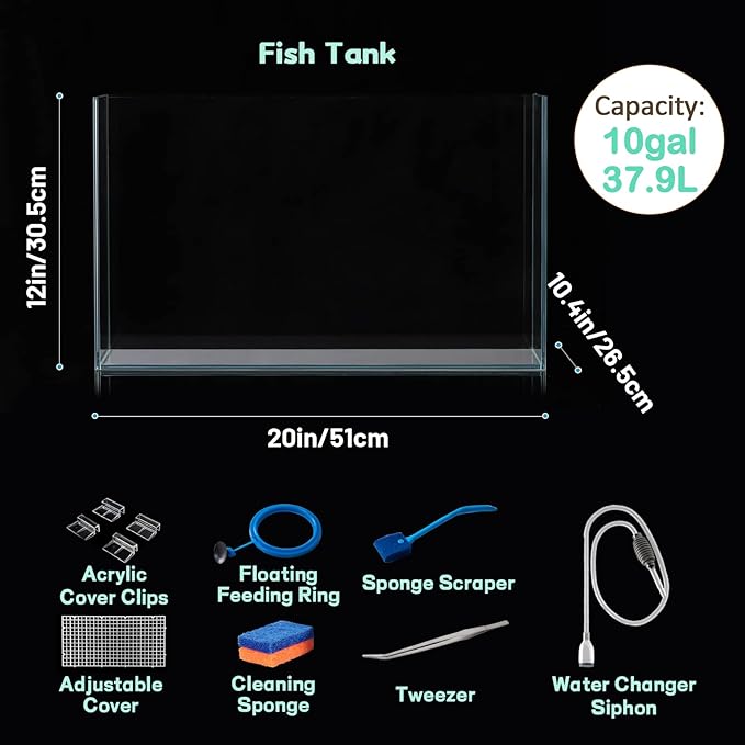 10 Gallon Ultra Clear Glass Fish Tank, Rimless Low Iron Aquarium for Betta/Nano/Goldfish/Snail/Shrimp, Big Fish Tank & Cover Set & Feeding Ring & Cleaning Tools LAQUAL