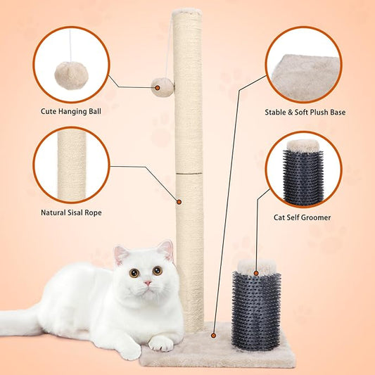 Nobleza 32” Tall Cat Scratch Post with Self Massage Brush, Natural Sisal Rope Cat Scratching Post for Indoor Cats, Stable Cat Scratcher Posts for Kittens Large Cats with Dangling Ball, Light Brown - PAWPICO