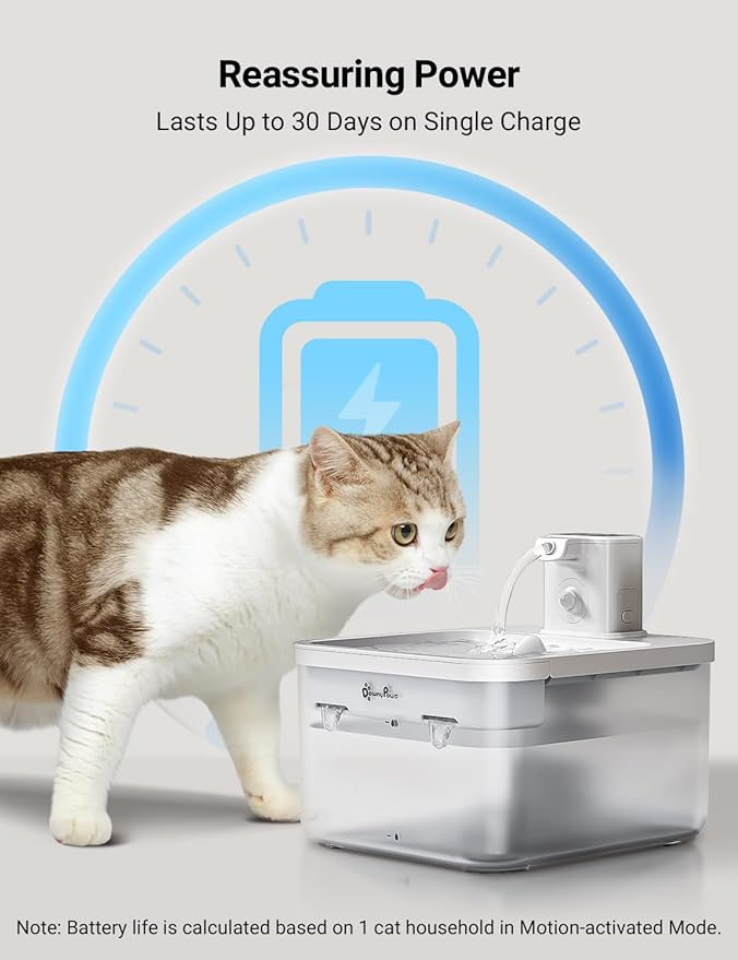 DownyPaws Battery Operated Cat Water Fountain, 84oz/2.5L Fursink Wireless Pet Water Fountain for Cats Inside, Automatic Dog Water Dispenser with Motion Sensor, Ultra Quiet Pump, BPA-Free, White - PAWPICO
