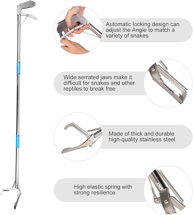 50 Inches Snake Grabber -Stainless Steel Snake Tongs Foldable with Lock Suitable for Catching Rattlesnakes and Coral Snakes Reptile KUNNKU