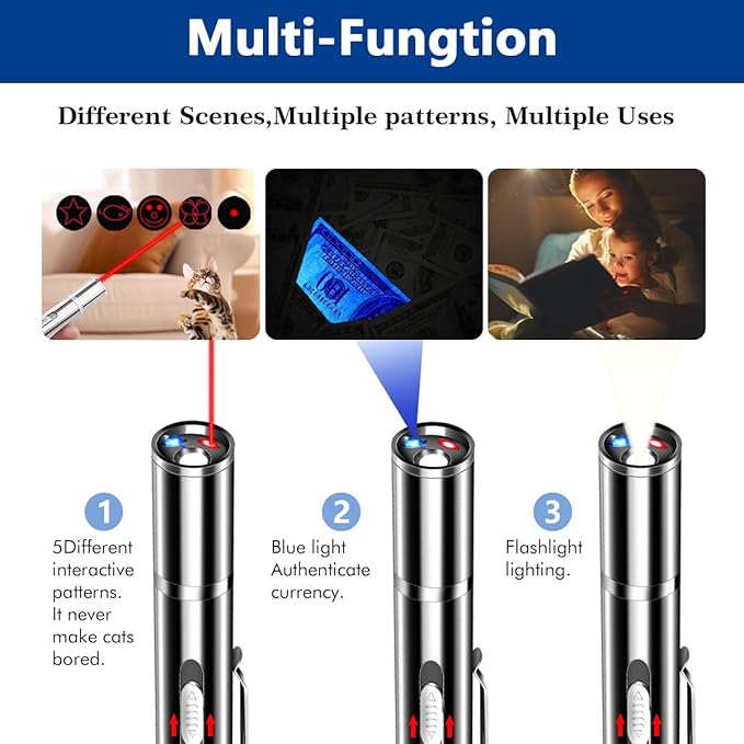 Laser Pointer Cat Toys, Cat Laser Pointer Toy with Three Light Modes, Five Adjustable Patterns,USB Portable Charging, Interactive cat Toy Multifunctional and Portable - PAWPICO
