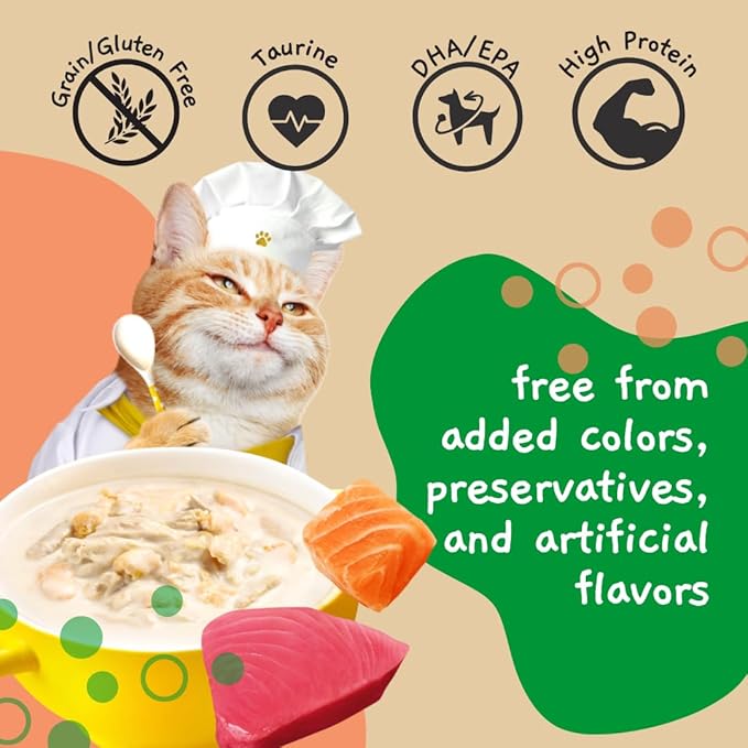 MOOCHIE Grain Free Creamy Broth for Cats - Made with Real Salmon & Tuna - No Artificial Flavors or Preservatives - 16 x 1.4 oz Pouch - PAWPICO