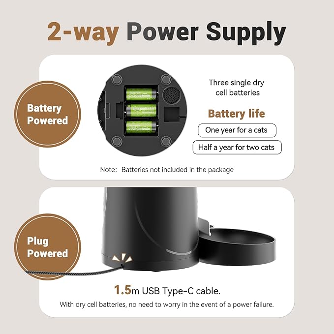 Dual Automatic Cat Feeder: Cat Feeder Automatic for 2 Cats- Timed Auto Feeder 16 Cups/4L Cat Food Dispenser& Dual Power Auto Pet Feeder for Indoor Cat&Dog| 1-6 Meals Portions Control, Black - PAWPICO