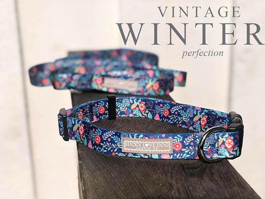 Lucky Love Dog, Blue Winter Pinecones Dog Collar and Leash Set, Vivid Winter Ornaments Dog Collar and Leash for Girl or Boy Dogs - (Medium, SweetHoliday Combo) LuckyLoveDog