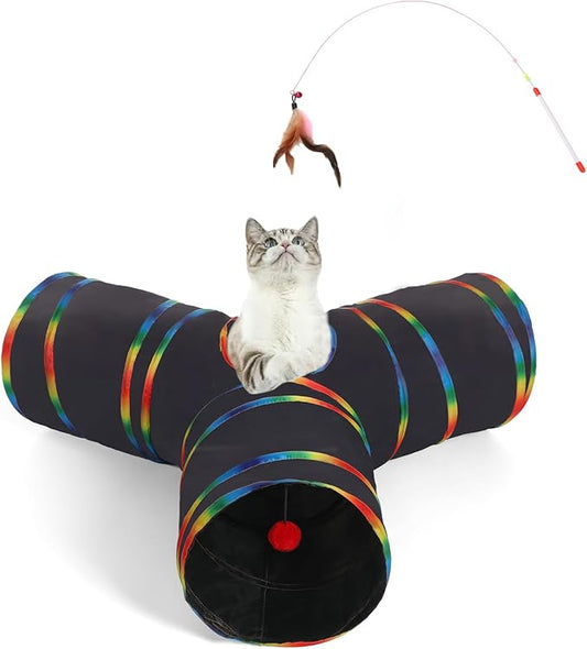 LUCKITTY Cat Tunnels Tube Toy with Plush Ball & Cat Wand Toy and Feather Toys-Portable Tattaff Waterproof Washable-Interesting Geometric Pattern Collapsible-3 Way Black Rainbow - PAWPICO