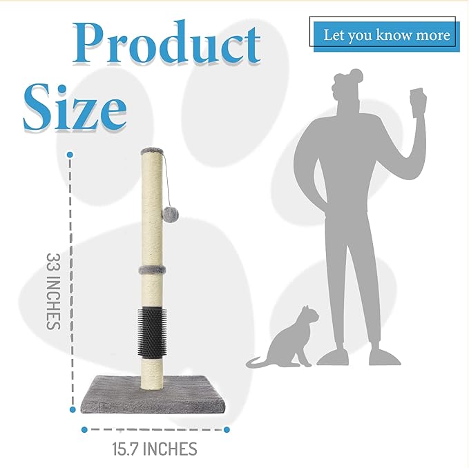MeowHomm 32" Cat Scratching Post with Self Groomer Cat Brush, Sisal Rope Tall Cat Scratching Post with Soft Hanging Ball for Indoor Cats, Cat Claw Scratcher Covered with Soft Smooth Plush - PAWPICO