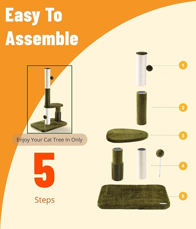 Happi N Pets 34“ Tall Cat Scratching Post for Big Cats, Natural Sisal Cat Scratchers for Indoor Cats, Heavy Duty Cat Stands Featuring with Cat Self Groomer and Hanging Toys, Free Catnip-Green - PAWPICO